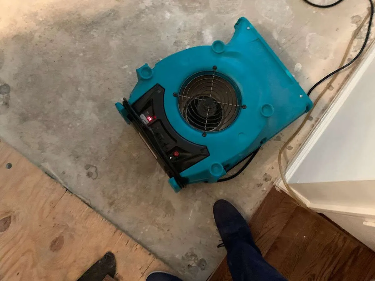 Air mover drying subfloor during Commercial Water Damage Restoration in Manteno